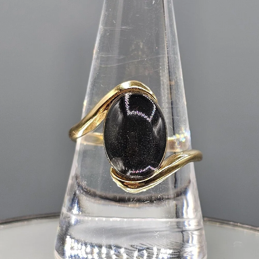 18k Yellow Gold Plated Smoky Quartz Ring Bypass Swoop Band Oval Cabochon Size 9 - Picture 2 of 10